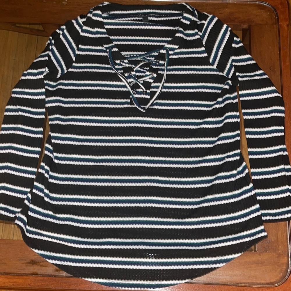 Torrid waffle weave henley lace neck stripe top.